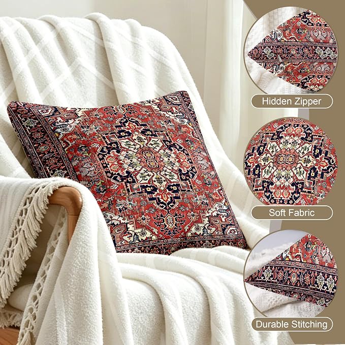 Boho Throw Pillow Covers 18x18 inch Set of 2,Soft Pillowcases Bohemia Carpet Printing Pattern Decorative Sofa Living Room Bed Square Pillow Case Cushion Cover-Red