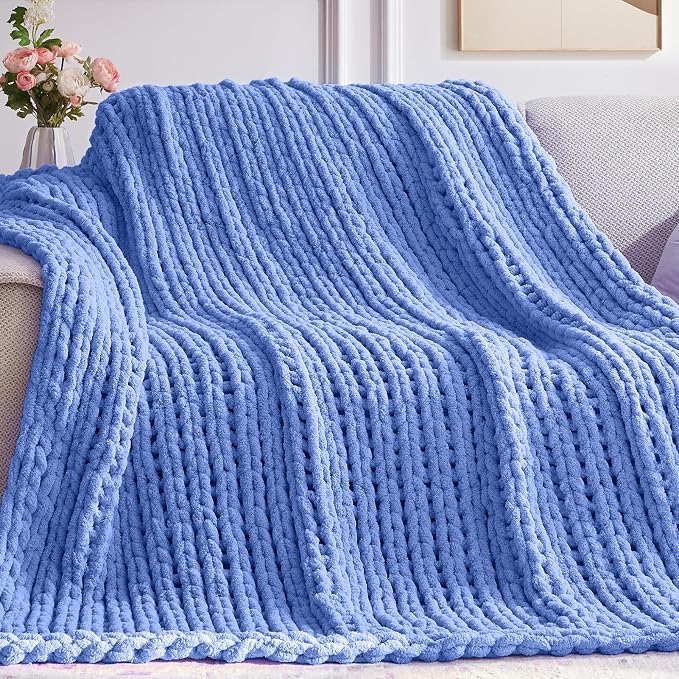 Negwoo Chunky Knit Throw Blanket, Knitted Throw Chenille Yarn, 80"*90" | Soft Thick Cable Knitted Blankets, Handmade Big Thick Blanket, Machine Washable Cute Comfy Blanket for Home Decor, Light blue