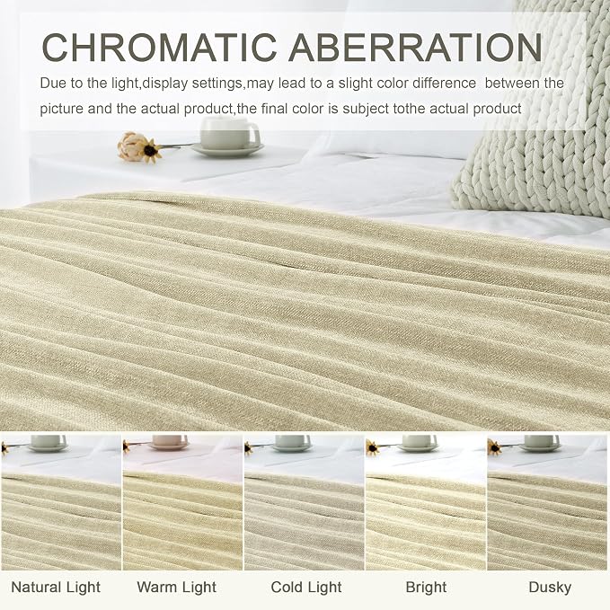 Chenille Throw Blanket for Couch 50" x 60", Light Beige | Soft Cozy Warm Throws with Fringe Tassel, for Living Room Bed Sofa Chair Cover, Lightweight Knitted Decorative Boho Blankets