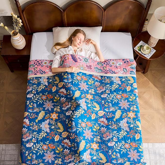 XIBLC Fall Throw Blanket for Couch, Blue Boho Decorative Throw Blanket, 100% Cotton Muslin Breathable Woven Farmhouse Blankets Quilt, 60"x80" Reversible Lightweight Blankets Bohemian Throw Quilt