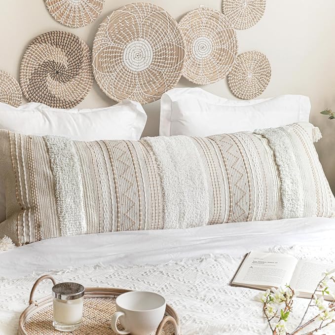 20X54 Oversized Large Lumbar Pillow Cover for Bed, Rectangular Long Decorative Throw Pillowcase, Cotton Boho Accent Cushion with Tufted Pattern and Tassels, Cream Beige Neutral (Cover Only)