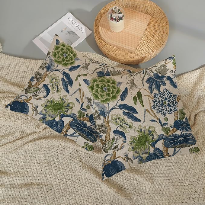 Green Navy Blue Pillow Covers 18x18 Inch Set of 2 Vintage Blue Floral Throw Pillows Chinoiserie Flower Decorative Pillow Case Outdoor Linen Farmhouse Cushion Cover for Couch Sofa Decorations