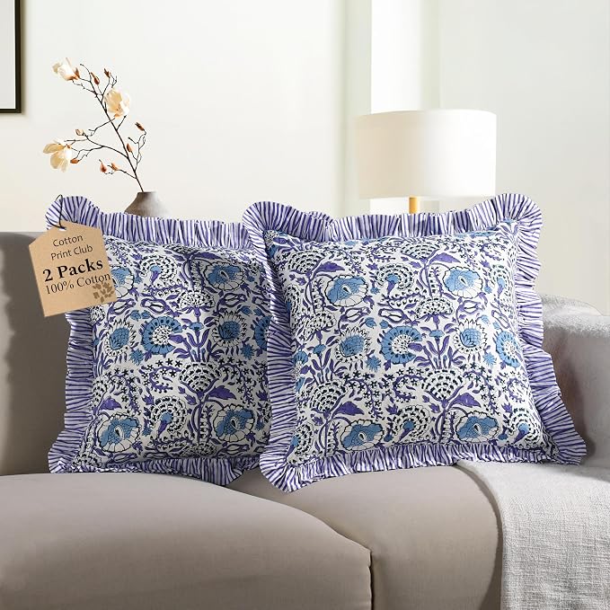 CPC Indigo Blue 100% Cotton Block Print Ruffle Pillow Cover 16X16 inch, Handmade Boho Floral Pillowcase, Farmhouse Cottagecore Bedding, Soft Decorative Cushion Cover for Bedroom Décor