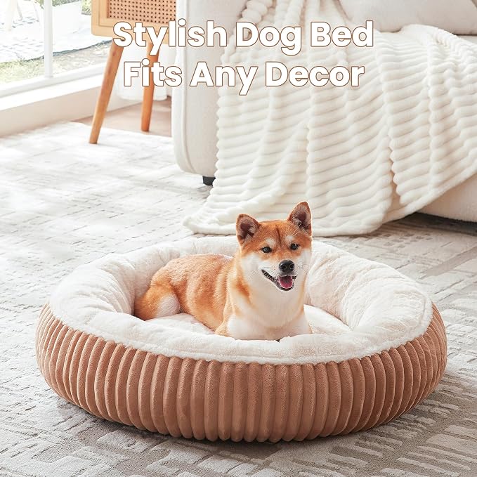33 inches Calming Donut Dog Bed for Medium Plus Dogs,Mocha | Round Pet Bed with Removable&Washable Cover,Milk Plush Faux Fur, Fits Pets up to 50 lbs