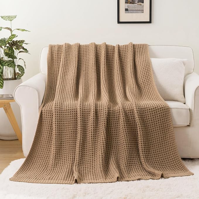 Beige Throw Blanket for Couch, Tan Waffle Knitted Throw Blankets 60"x80" | Farmhouse Throw Blanket for Home Decor, Neutral Knitted Beige Blanket, Decorative Soft Chunky Chenille Throw for Bed Sofa