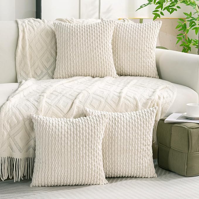 Set of 4 Cream White Decorative Throw Pillow Covers 24x24 Inch Corduroy Pillow Covers for Bed Couch Sofa Living Room Soft Square Cushion Cases
