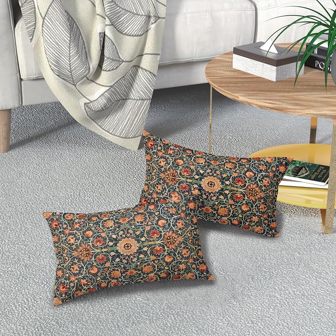 Vintage Floral Lumbar Pillow Covers 12X20 Inch Set of 2 Burnt Orange Flowers Botanical Decorative Rectangular Pillow Cases Navy Blue Art Cushion Case Farmhouse Home Decor for Sofa Couch Bed Outdoor