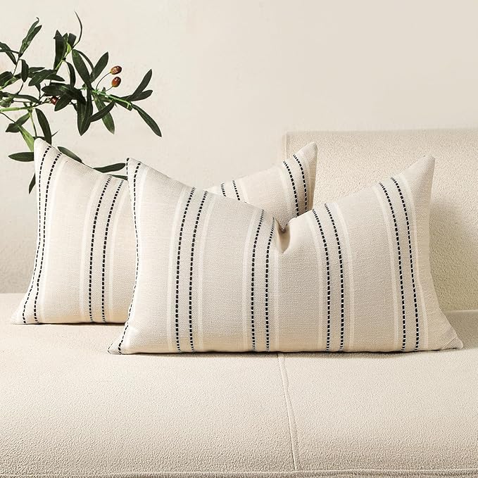 Hckot Throw Pillow Covers 12x20 Set of 2 Striped Pillow Covers Textured Linen Decorative Pillows Lumbar Cushion Covers for Sofa Couch Bed Living Room Farmhouse Decor, Black