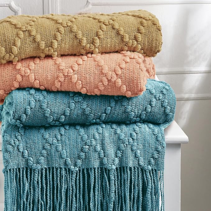 BOURINA Orange Throw Blanket 50 x70 Inch Jacquard Throw Knitted Blanket | Jacquard Argyle Throw Textured Solid Soft Throws and Blankets for Sofa or Bed Knitted Decorative Blanket