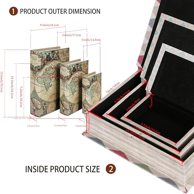 Decorative Wooden Book Boxes Set of 3, World Map Pattern, Antique Look with Magnetic Leather Cover, Hidden Secret Storage for Jewelry, Keepsakes, and Gifts