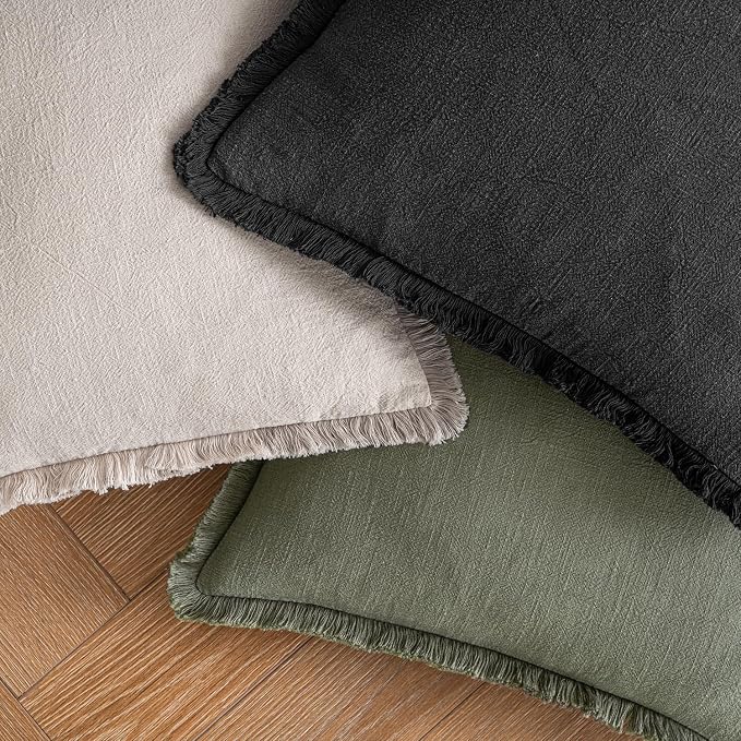 MIULEE Boho Linen Fringe Decorative Throw Pillow Covers Black 18x18 | Set of 2, Cottagecore Decor, Boho Farmhouse Neutral Pillow Covers, Rustic Couch Cushion Cases for Sofa Bed Living Room
