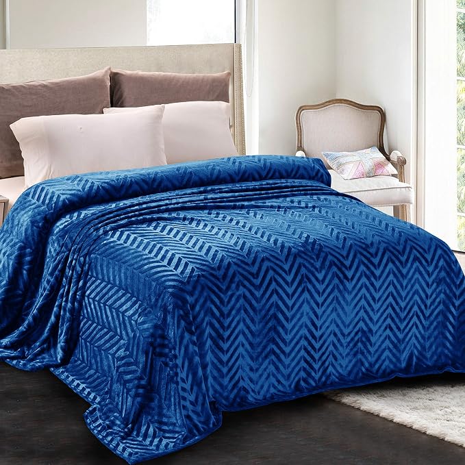 Whale Flotilla Flannel Fleece Fall Bed Blanket King Size, Royal Blue | Lightweight Breathable Soft Bedspread, Plush Fluffy Coverlet Chevron Design Decorative Blanket for Home Life, 90x104 Inch