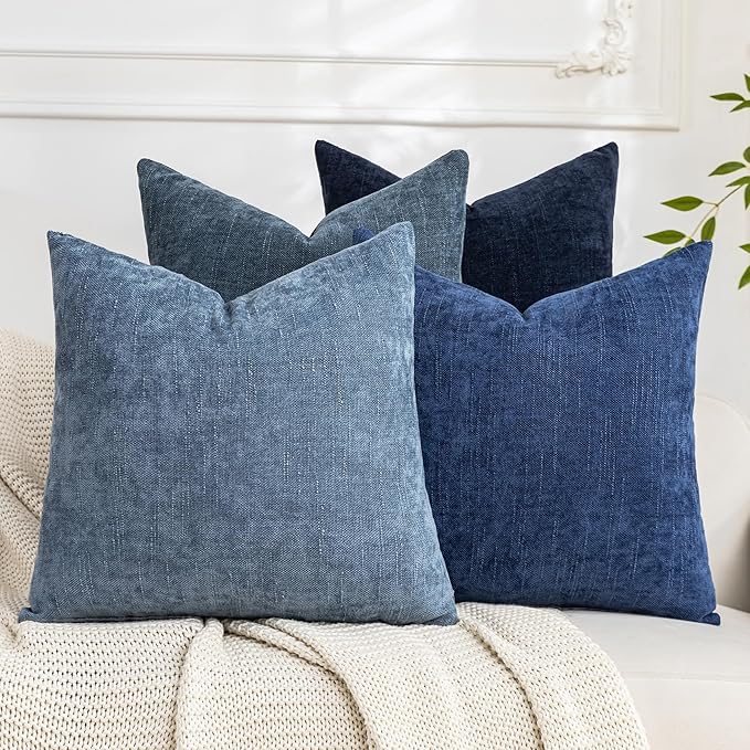 Set of 4 Soft Textured Decorative Throw Pillow Covers 20x20 Inch Cozy Farmhouse Cushion Cover Square Accent Pillow Cases for Bed Couch Sofa Living Room, Blue Series