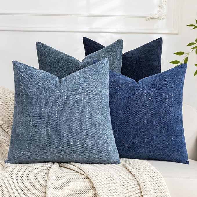 Set of 4 Soft Textured Decorative Throw Pillow Covers 24x24 Inch Cozy Farmhouse Cushion Cover Square Accent Pillow Cases for Bed Couch Sofa Living Room, Blue Series