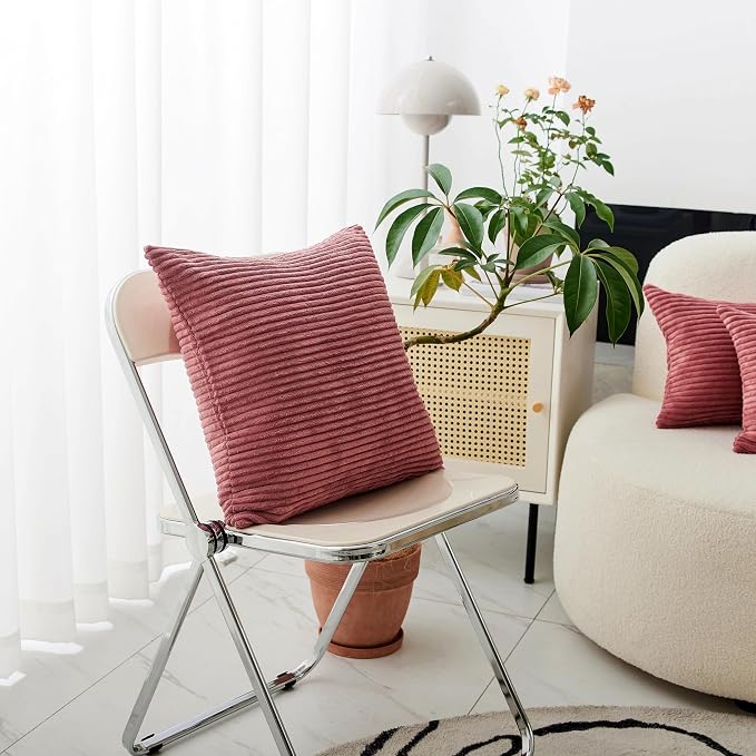 Home Brilliant Throw Pillow for Couch Large Solid Striped Corduroy Euro Cushion Cover Sham for Patio Wedding Girl's Room Decor, 26 x 26 inch (66cm), Dry Rose Pink