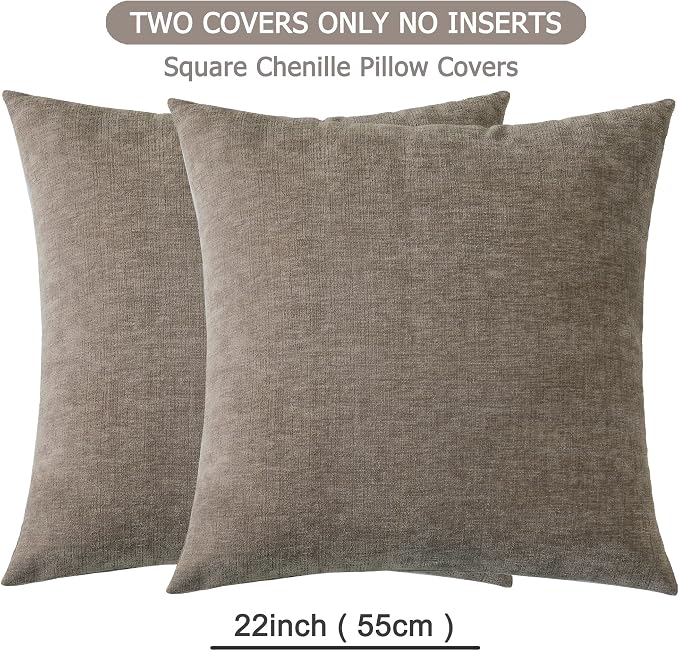GAWAMAY Decorative Square Throw Pillow Covers Set of 2, Super Soft Chenille Farmhouse Fall Pillowcase for Living Room Bedroom Sofa Couch Home Decoration Cushion Cover Taupe Grey 55x55cm/22x22