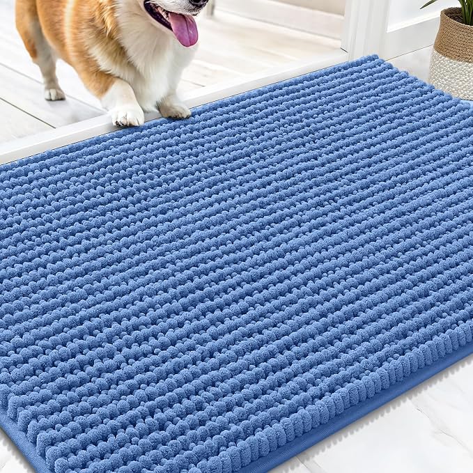 OLANLY Dog Door Mat for Muddy Paws 34x21, Extra Absorbent Chenille Mud Mat | Cornflower Blue, Absorbs Moisture and Dirt, Non-Slip Machine Washable Doormat, Quick-Dry Indoor Entryway Floor Mat for Dogs