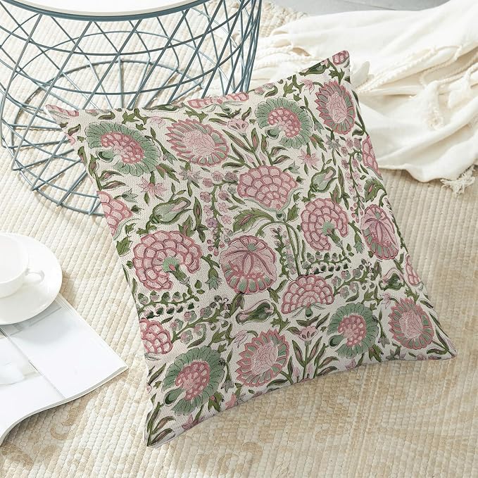 Block Print Pillow Covers 18x18 Inch Pack Of 2 Boho Pink Green Floral Decor Throw Pillow Covers Spring Summer Flower Pillowcase Outdoor Farmhouse Decorative Square Cushion Cover for Sofa Couch