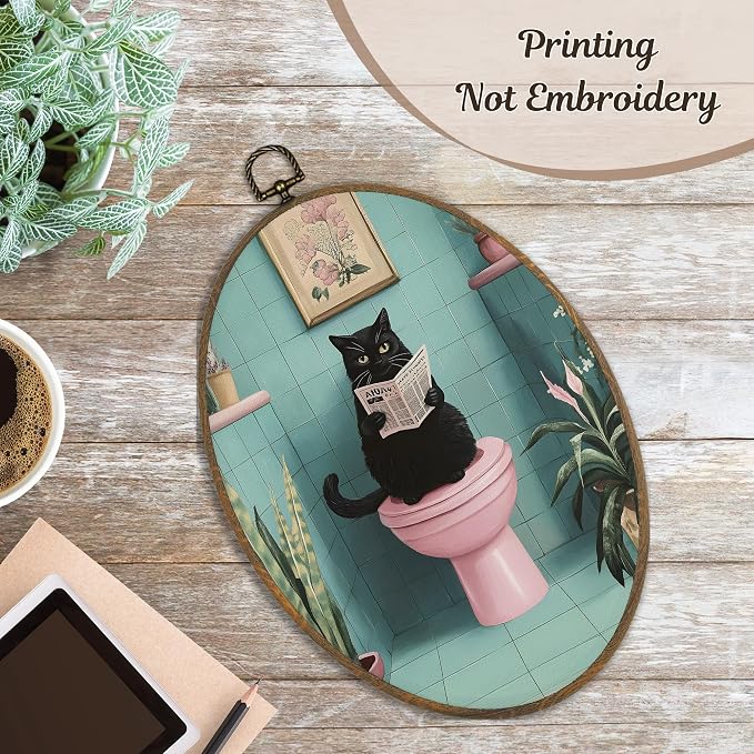 LKETW Funny Black Cat Bathroom Oval Wall Art Decor, Black Kitty Reading Newspaper on Toilet Oval Canvas Hanging Decor, Funny Cat Wall Decorations for Bathroom Restroom Washroom Toilet, 8.6x11.4 Inch