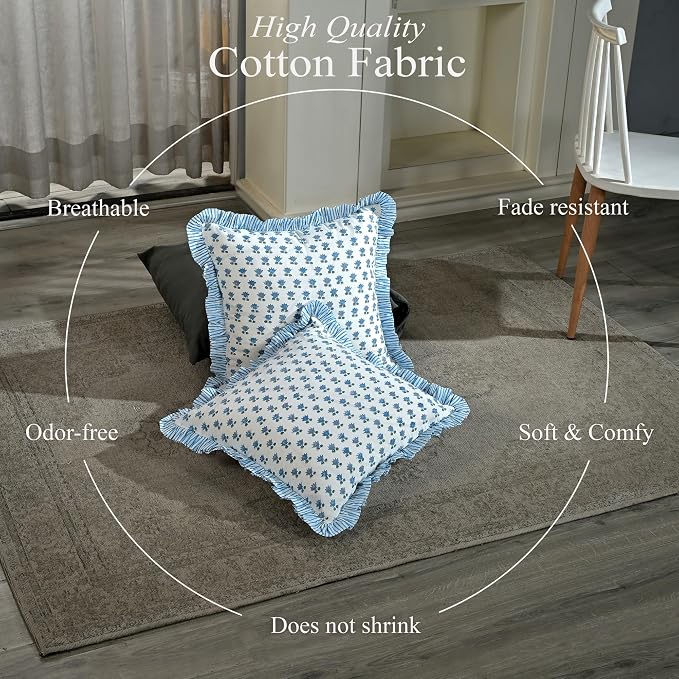 CPC Arctic Blue Hand Block Print 100% Cotton Ruffle Throw Pillow Cover 24x24 inch with Hidden Zipper Decorative for Couch, Bed, Sofa, Farmhouse, Cottagecore Decor Gift Christmas Fall Thanksgiving
