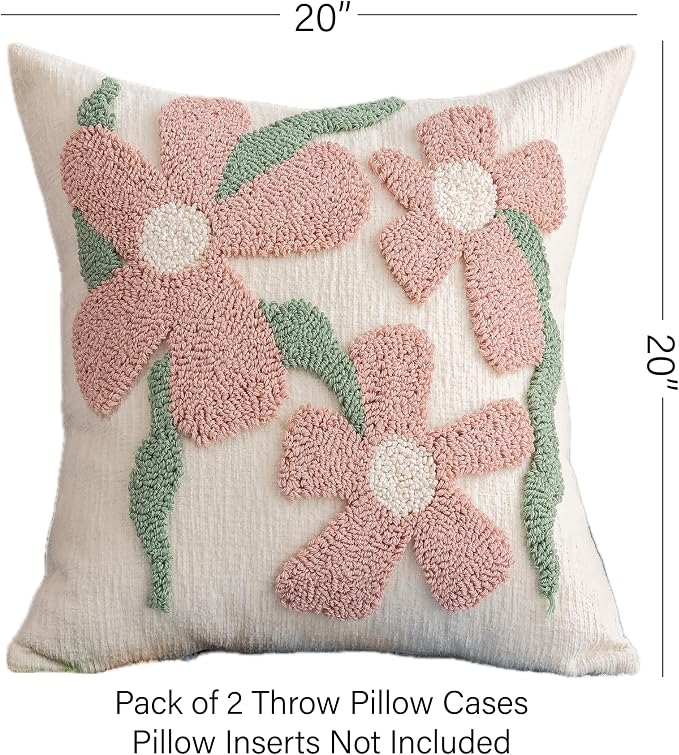 Summer Floral Throw Pillow Covers 20x20 Inch Set of 2, Chenille Embroidered Pillowcase with 3D Tufted Pink Flowers Sage Green Leaves, Boho Decorative Cushion Covers for Couch Sofa Bed