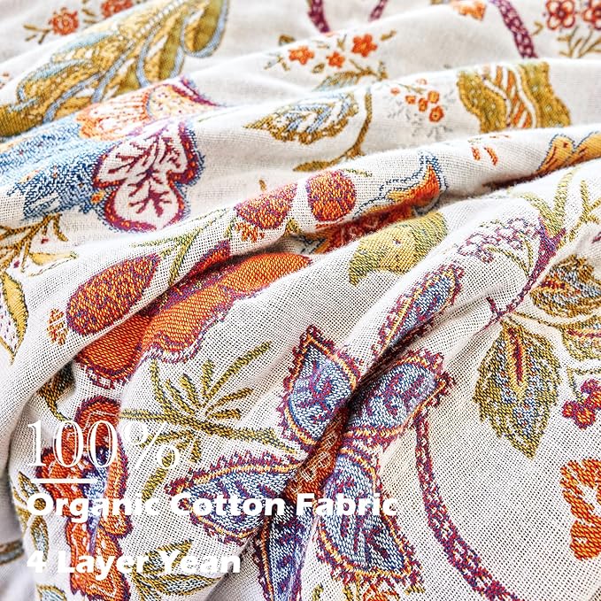 VANJOROY Boho Throw Blanket, 100% Organic Cotton Breathable Skin-Friendly Ultra Soft Bed Quilt Throw - All Season Floral Farmhouse Décor Luxury Blanket for Sofa Couch Chair and Gift. 60" x 80"