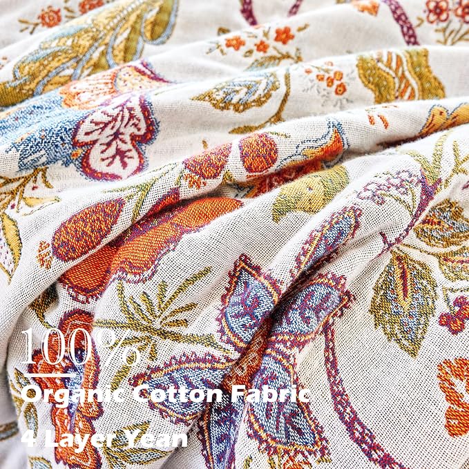 VANJOROY Boho Throw Blanket, 100% Organic Cotton Breathable Ultra Soft 91" x 108" King Bed Quilt Throw - All Season Floral Rustic Farmhouse Decor Luxury Blanket for Sofa Couch Chair and Gift