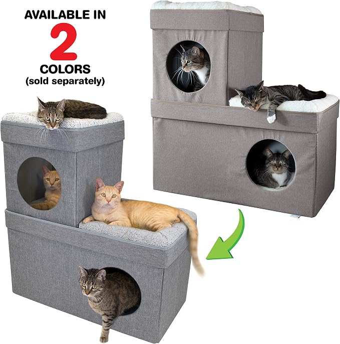 Kitty City Large Stackable Cat Condo & Cube House, Modular Indoor Cat Furniture with Plush Washable Beds, Collapsible Cat Cave & Lounging Ottoman, Grey