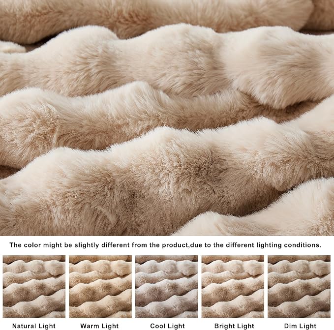WDCOZY Luxury Bubble Throw Blanket, Faux Fur Mink Plush Throw for Couch, Sofa and Bed, Soft Fluffy Fuzzy Furry Cozy Blanket, Thick and Warm, 50x60 inches, Beige Tan Taupe Camel, 950 GSM