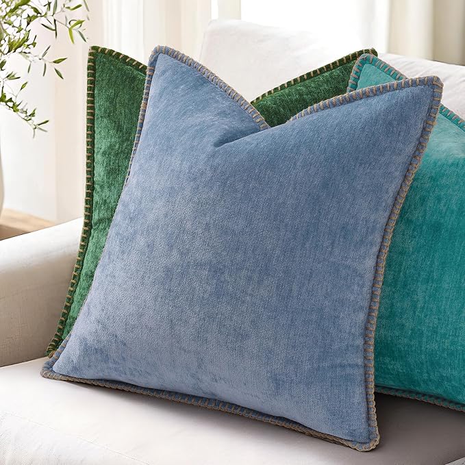 decorUhome Soft Chenille Throw Pillow Covers 18x18 Set of 2 Turquoise | Fall Textured Decorative Throw Pillow Cases Stitched Edge Modern Farmhouse Luxury Boho Velvet for Couch Sofa Bed Home Decor