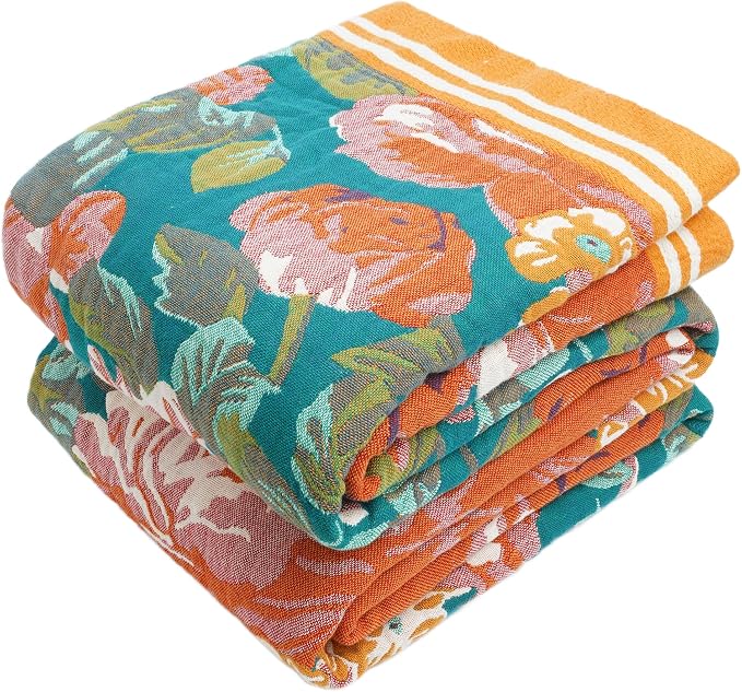 VANJOROY Boho Throw Blanket, 100% Organic Cotton Breathable Ultra Soft 60" x 80" Bed Quilt Throw - All Season Floral Rustic Farmhouse Decor Luxury Reversible Blanket for Sofa Couch Chair and Gift
