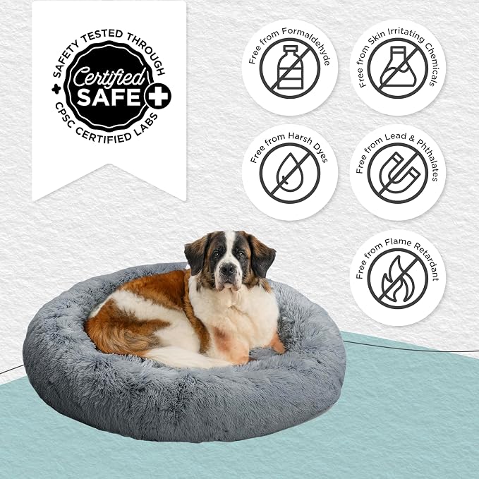 Best Friends by Sheri Original Calming Donut Dog Bed, Gray, XL, 45" | Machine-Washable Cover, Shag Faux Fur, Orthopedic Support, Sense of Security, Water-Resistant Base, XL Dogs Up to 150 lbs