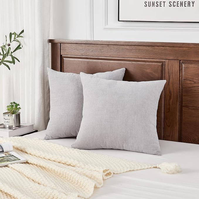 GAWAMAY Decorative Square Throw Pillow Covers 18"x18" Inch Set of 2, Super Soft Chenille Pillows Farmhouse Fall Pillowcase for Living Room Bedroom Sofa Couch Cushion Cover Light Grey 45x45cm