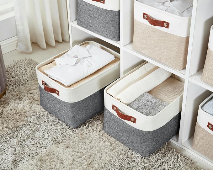 DECOMOMO Storage Bins, Large Fabric Storage Baskets for Shelves 3 Pack | 15 x 11 x 9.5 inches Decorative Linen Closet Organizers (Slate Grey & White)