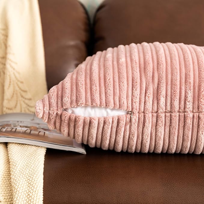 UGASA 14x20 Inch Pillow Cover Pack of 1 Soft Boho Stripe Corduroy Long Rectangular Lumbar Cushion Cover Farmhouse Decorative Throw Pillowcase for Bed, Couch, Sofa, Bedroom, Living Room, Baby Pink
