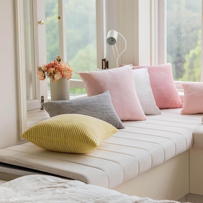 Home Brilliant Yellow Pillow Covers 24 x 24 Striped Euro Sham Cover Square Soft Corduroy Throw Pillowcase for Farmhouse Bedroom Couch Summer Decor, Sundress, 60x60 cm