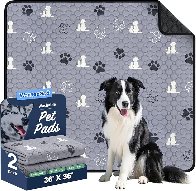 WanpeeGoo Washable Pee Pads for Dogs, Waterproof, 36 x 36 in, 2 Pack, Gray | Super Absorbent, Waterproof and Non-Slip; Washable, Reusable Dog Pads for Crates, Playpens, Floors, Furniture and Travel