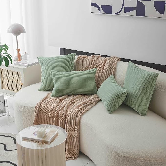 Home Brilliant Throw Pillow Cover Green Striped Corduroy Decorative Pillow Cover 20x20 Soft Square Plush Pillowcase for Sofa Chair Bed Decor, 20 x 20 inch (50cm), Iceberg Green