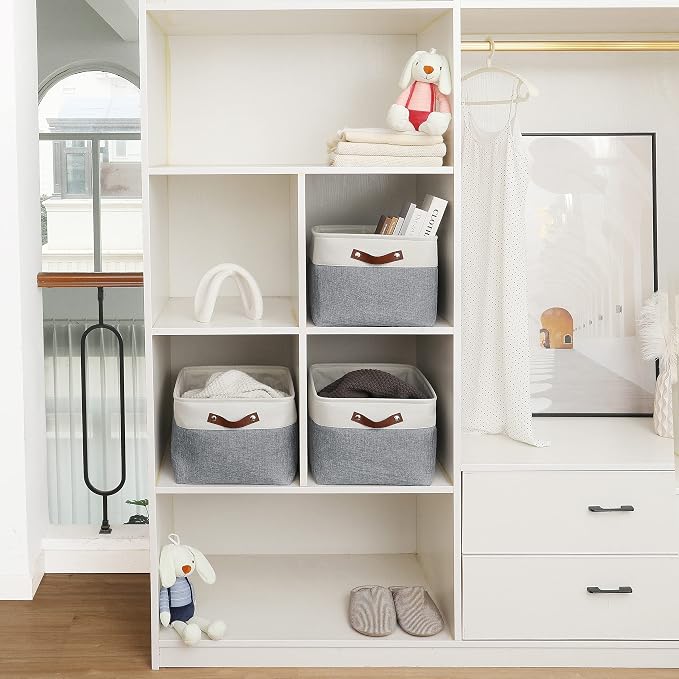 OrganiHaus 16x12.5in Storage Baskets, 3 Pack - Fabric Bins for Shelves | Vegan leather handles; a decorative linen closet organizer, towel and clothes container