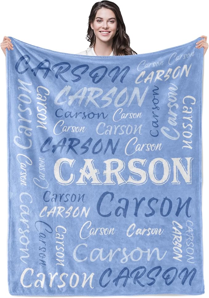 Personalized Custom Light Blue Theme Light Soft Flannel Fleece Throw Blanket with Name for Men, Women, Boys, Girls, Kids - Customized Name Gifts for Birthday, Christmas, Valentines Day