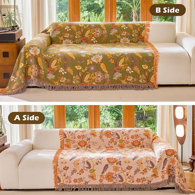 VANJOROY Boho Throw Blanket, 100% Organic Cotton Breathable Ultra Soft 91" x 108" King Bed Quilt Throw - All Season Floral Rustic Farmhouse Decor Luxury Blanket for Sofa Couch Chair and Gift
