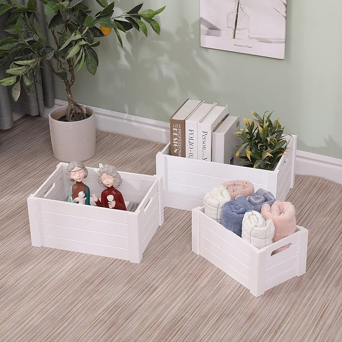 Farmhouse Modern White Wooden Crates For Storage | Rustic Decorative Boxes,Set Of 3 Large Nesting Wooden Storage Crates For Home Decor,Handmade Natural Solid Wood Box