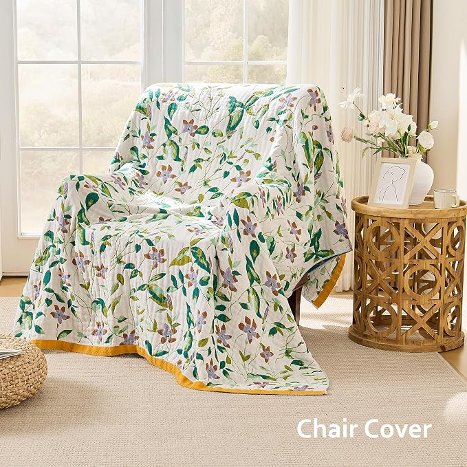 VANJOROY Boho Throw Blanket, 100% Organic Cotton Breathable Skin-Friendly Ultra Soft 50" x 60" Bed Quilt Throw - Floral Rustic Decor Luxury Reversible Blanket for Sofa Couch Chair and Gift,