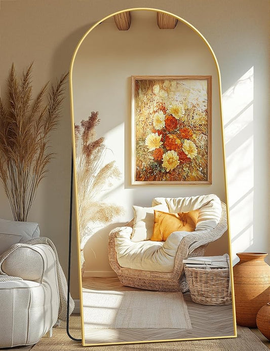 Arched Full Length Mirror, 75"x35" Standing Body Mirror for Wall, Gold | Built-in Stand, HD Shatterproof Glass, Aluminum Alloy Frame, Hanging or Standing, for Bedroom, Living Room & Dressing Room