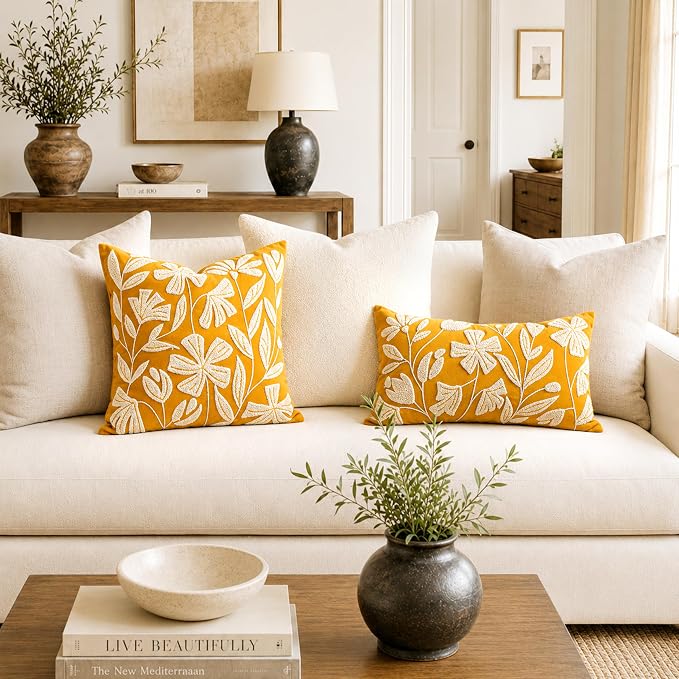 Throw Pillow Cover 20x20 Inch, Mustard Floral Tufted Velvet Decorative Accent Pillow Case for Sofa Bed Living Room, Cover Only