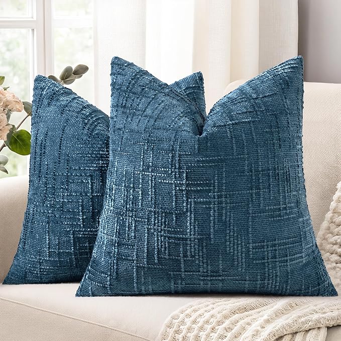 decorUhome Textured Chenille Throw Pillow Covers 22x22 Set of 2 Navy Blue | Fall Modern Farmhouse Soft Cozy Slubby Couch Pillow Cases Boho Decorative Pillow Cases for Bed Sofa Living Room Home Decor