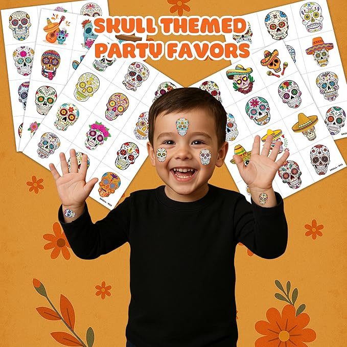 Skull Temporary Pre-Cut Tattoos for Kids – 60 PCS (5 Sheets) Fiesta Sugar Skull Party Favors, Mexican Day of the Dead Decorations, Cute Stickers for Baby Girls Boys, Classroom School Carnival Supplies