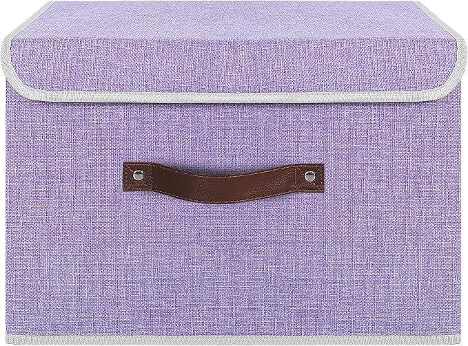 ANMINY Fabric Storage Box Bins with Lids, Purple, 15"x10"x10", 4 Pack | Keepsake Memory Storage, Cotton Linen, PP Board Reinforced, Washable, PU Handles, Foldable & Stackable, Decorative, Large