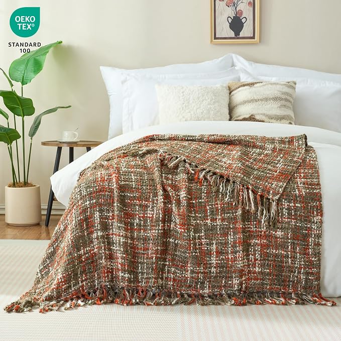 Multi-Color Cable Woven Throw Blanket for Couch - 60"X80" | Multicolored Boho Style,Super Soft Warm Cozy Chunky Blankets with Decorative Tassels for Bed and Sofa,Orange