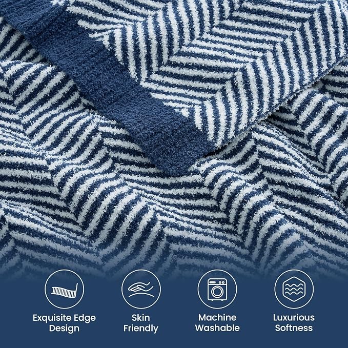 Snuggle Sac Herringbone Throw Blanket for Couch, Reversible Super Soft Warm Chervon Blankets, Cozy Knit Fuzzy Plush Lightweight Stripe Throws for Sofa, Bed, Camping, Navy, 50x60 inches